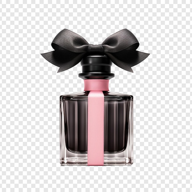 Bouteille De Parfum En Verre Noir Et Ruban Rose Isolé Sur Fond Transparent