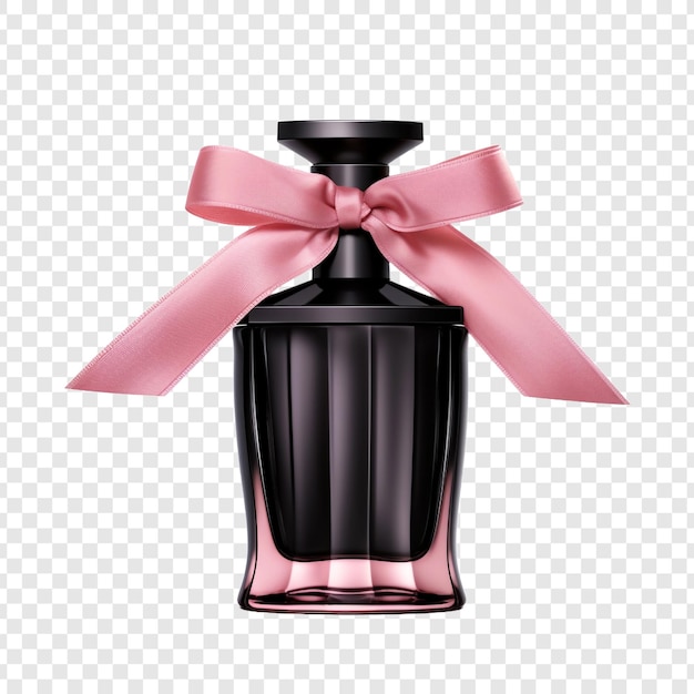 PSD gratuit bouteille de parfum en verre noir et ruban rose isolé sur fond transparent