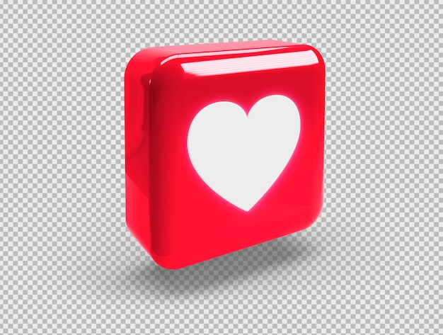 PSD gratuit bouton carré 3d réaliste rougeoyant avec l'icône de l'amour