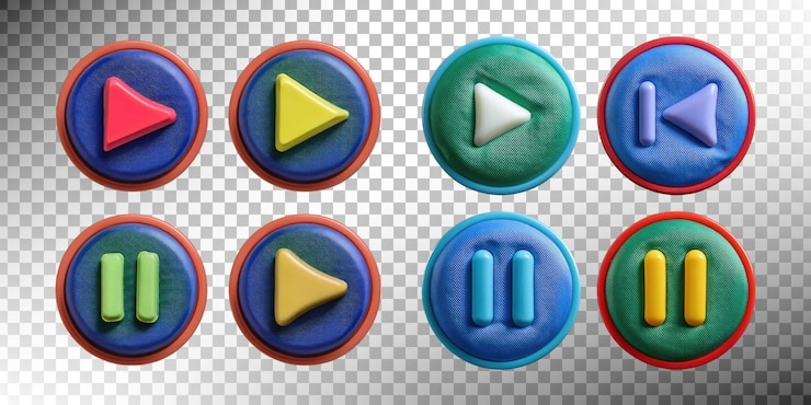 PSD gratuit des boutons de lecture et de pause colorés sur un fond transparent