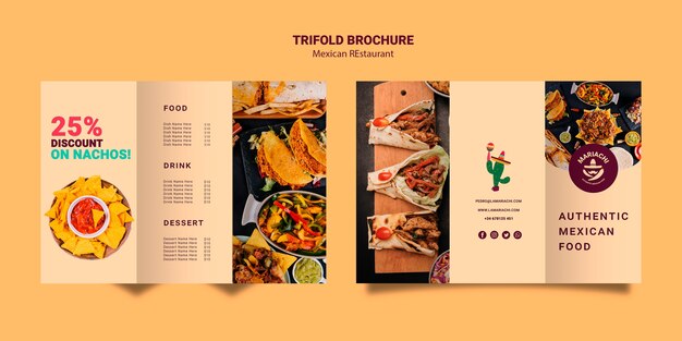 Brochure à trois volets du restaurant de plats traditionnels mexicains