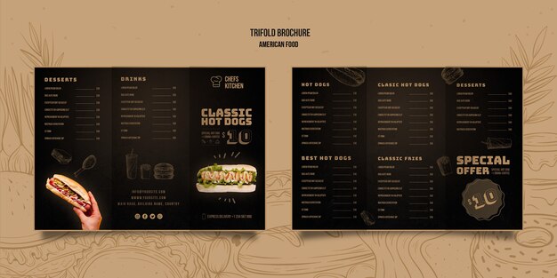 Brochure à trois volets sur les hot-dogs américains classiques