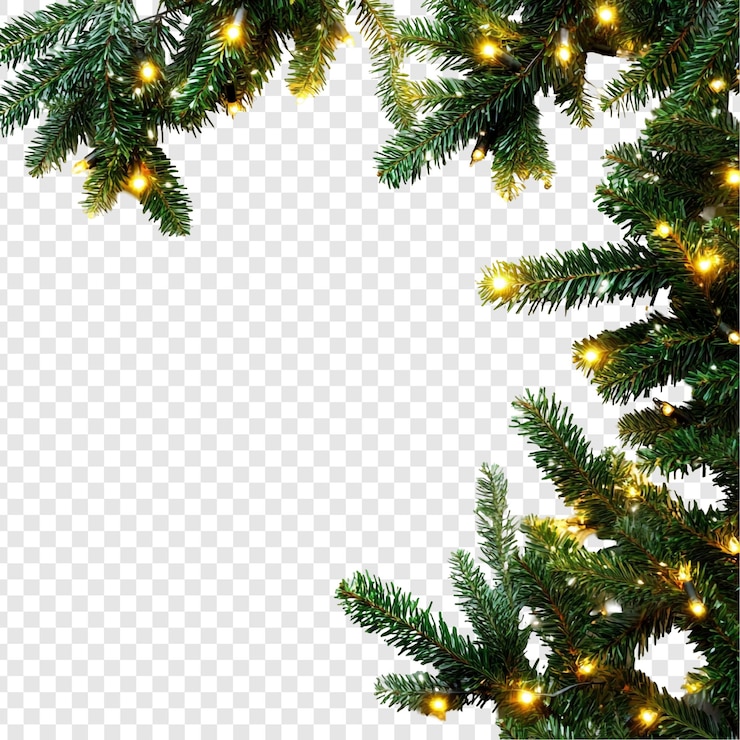 PSD gratuit un cadre de noël festif avec des lumières lumineuses et des branches à feuilles persistantes
