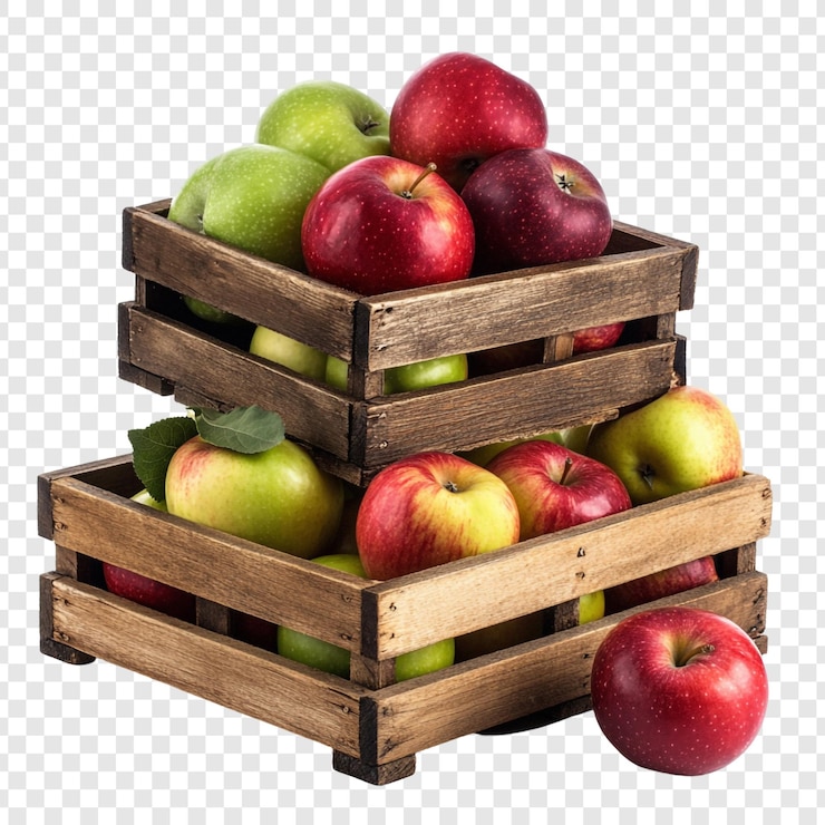 PSD gratuit des caisses en bois empilées débordent de pommes fraîches et juteuses