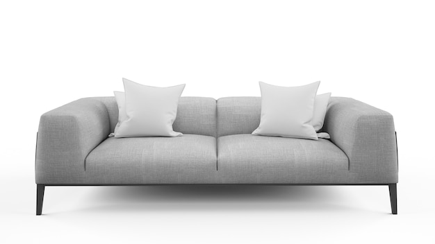 Canapé gris deux places avec deux coussins, isolé