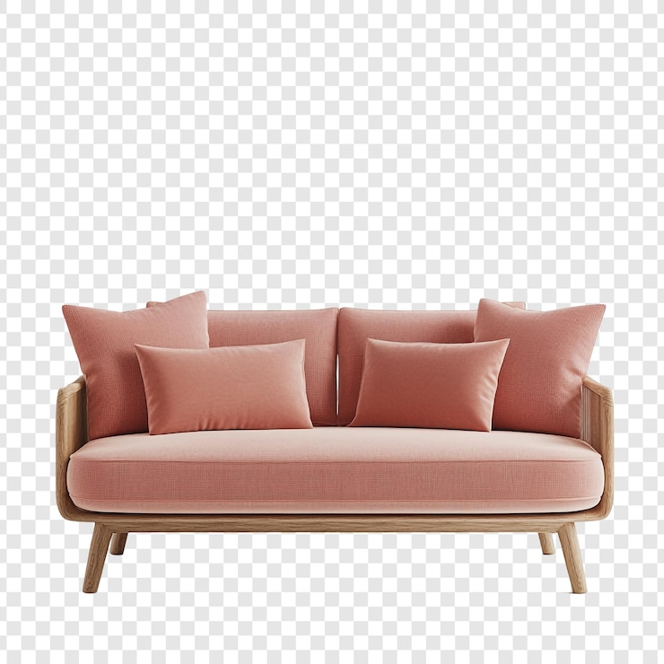 PSD gratuit un canapé rose moderne avec des jambes en bois et des coussins doux