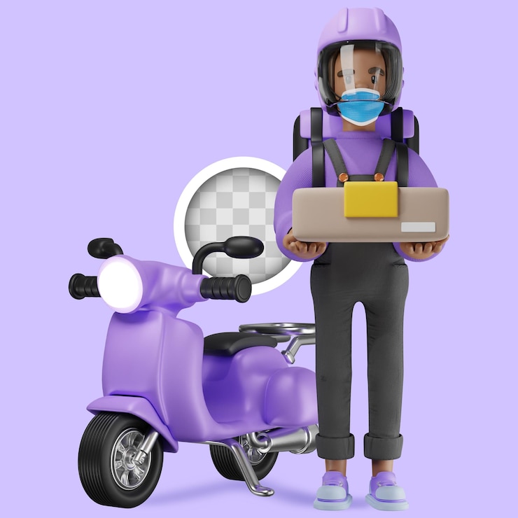 PSD gratuit caractère sur le scooter qui livre le colis