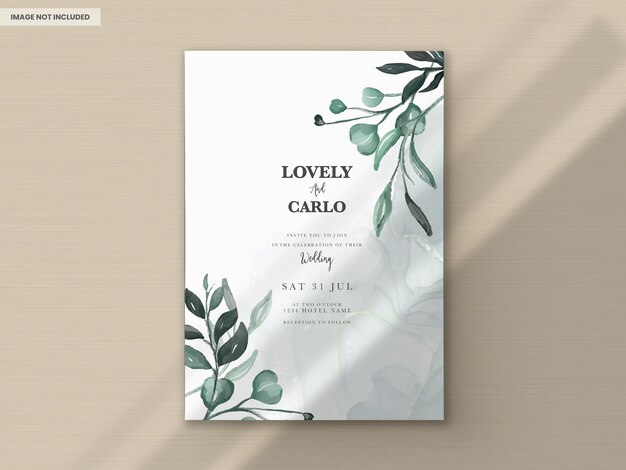 carte d'invitation de feuilles de verdure aquarelle peinte à la main