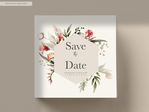 PSD gratuit carte d'invitation de mariage aquarelle belle fleur et feuilles avec couleur boho