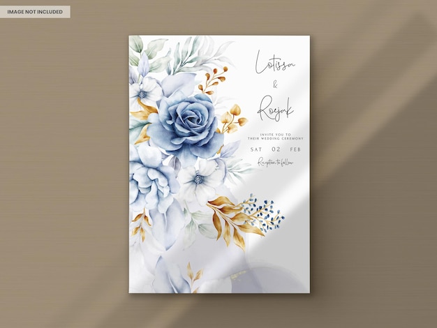 PSD gratuit carte d'invitation de mariage avec de belles fleurs blanches bleues et dorées