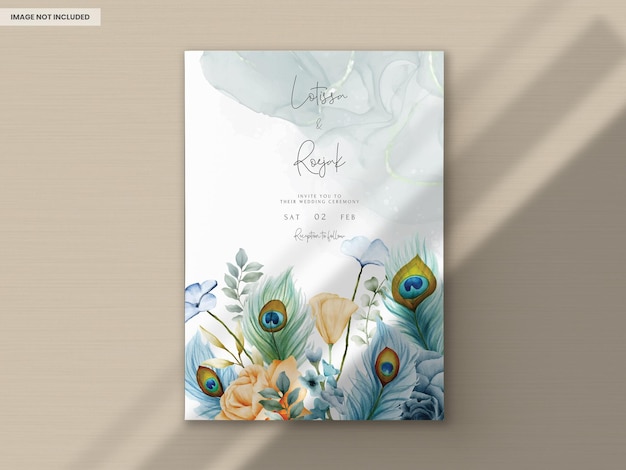 PSD gratuit carte d'invitation de mariage avec de belles plumes florales et de paon
