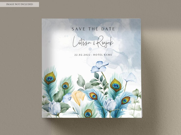PSD gratuit carte d'invitation de mariage avec de belles plumes florales et de paon