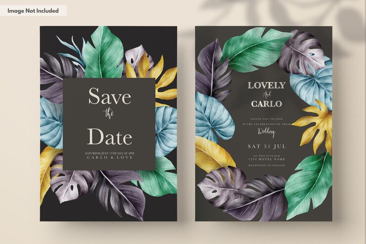 PSD gratuit carte d'invitation sertie de feuilles tropicales colorées