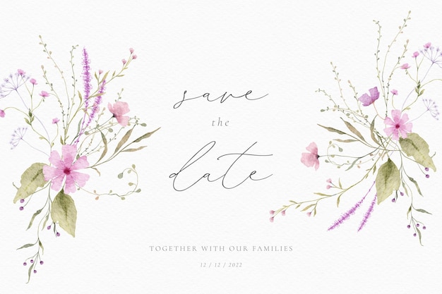 PSD gratuit carte de mariage aquarelle avec des arrangements floraux délicats