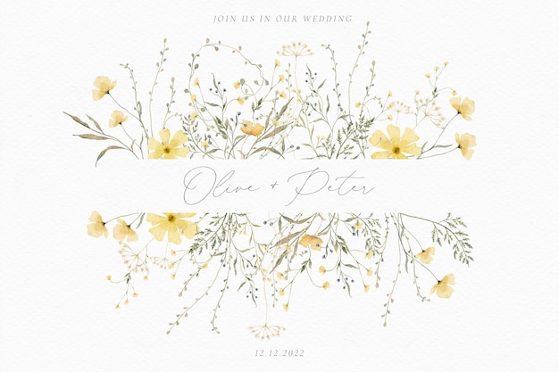 PSD gratuit carte de mariage aquarelle avec des arrangements floraux délicats