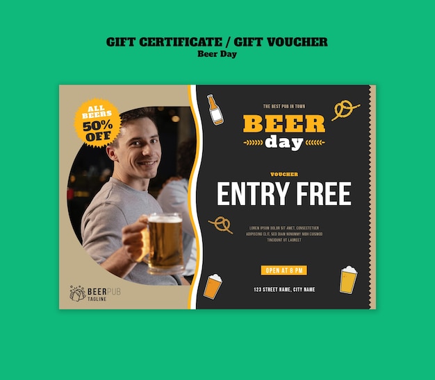 PSD gratuit certificat-cadeau pour la célébration du jour de la bière