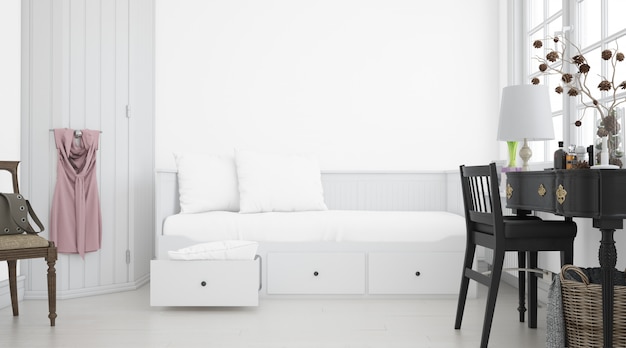 chambre blanche réaliste avec des meubles