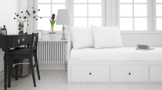 chambre blanche réaliste avec des meubles