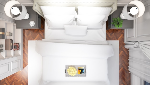 PSD gratuit chambre double moderne et lumineuse réaliste avec des meubles sur la vue de dessus
