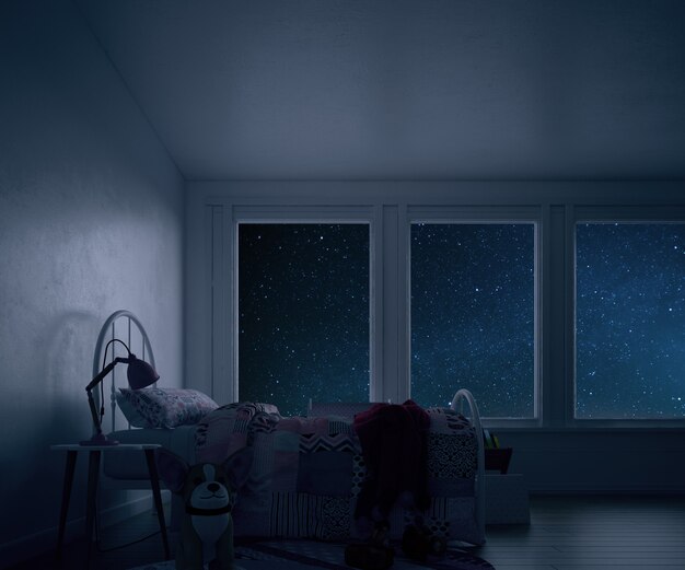 Chambre d'enfant avec lit et jouets la nuit