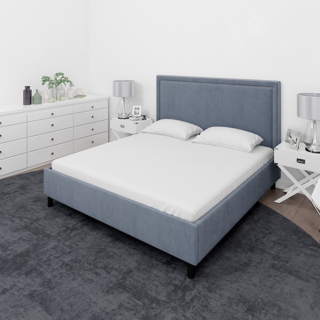 Chambre avec lit double et mobilier blanc