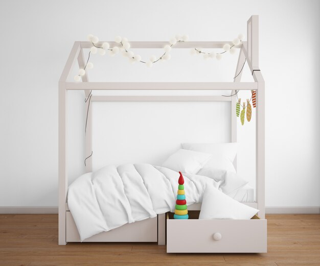 chambre réaliste avec un lit en forme de maison