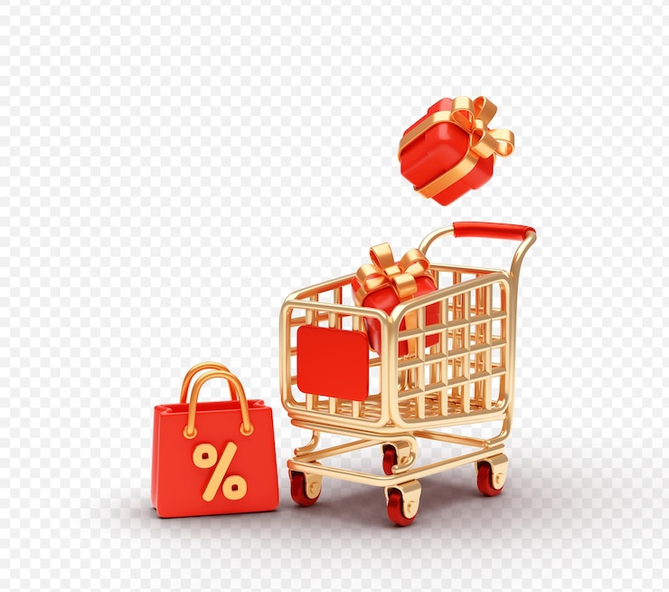 PSD gratuit chariot d'achat 3d avec cadeaux et sac à rabais pour les ventes de vacances arrière-plan de l'illustration du concept du nouvel an chinois