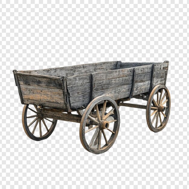 Un chariot de ferme en bois antique, un charme rustique, des roues à rayons de bois gris, des transports vintage.