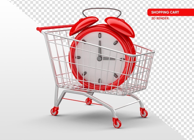PSD gratuit chariot de supermarché rouge avec horloge en rendu 3d avec fond transparent
