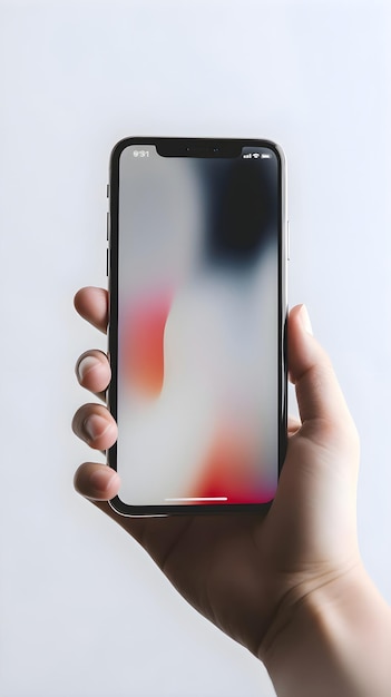 Close up de la main tenant un smartphone moderne avec un écran vierge sur fond blanc