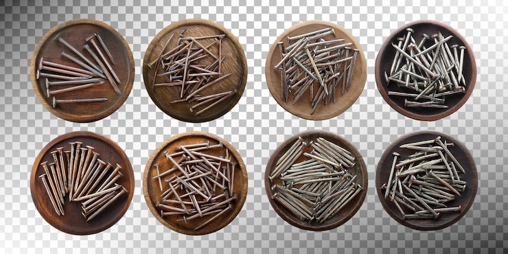PSD gratuit des clous variés sur des plaques de bois exposés de manière créative