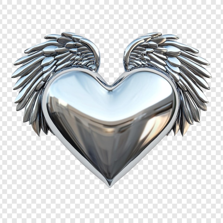 PSD gratuit le cœur en chrome avec des ailes, symbole d'amour et de liberté