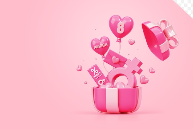 PSD gratuit coffret cadeau avec boîte cadeau rose ont des ballons 8 mars offre de promotion de vente internationale de femmes fond rose 3d