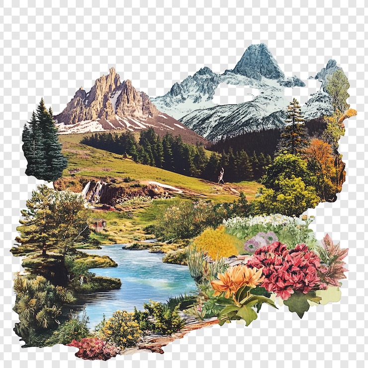PSD gratuit collage du paysage de la rivière de la montagne majestueuse