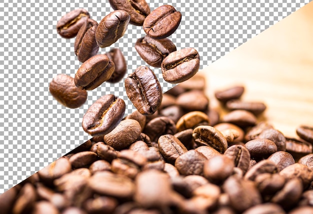 Collage de grains de café torréfiés volants