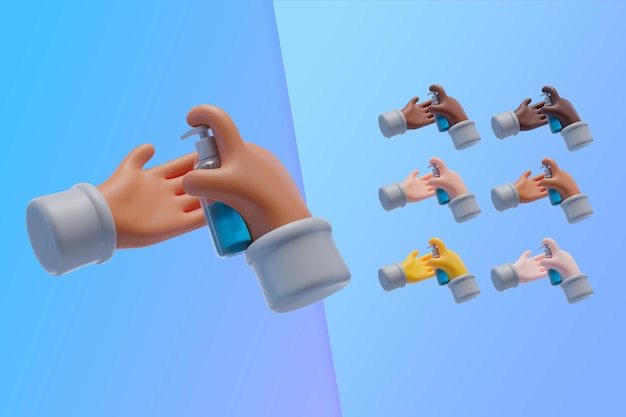 PSD gratuit collection 3d avec des mains à l'aide d'un désinfectant pour les mains