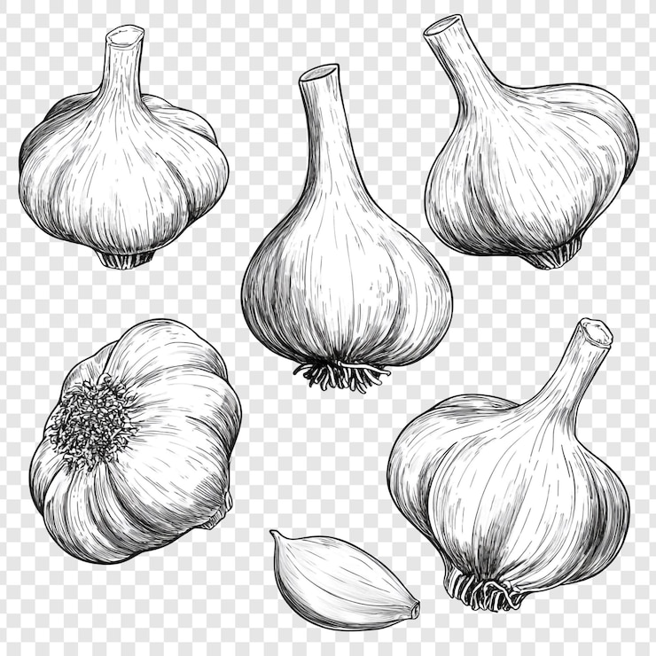 PSD gratuit collection d'ail dessinée à la main un croquis culinaire de bulbes aromatiques
