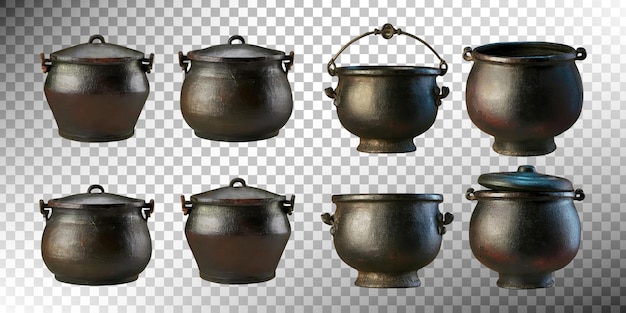 Une collection de casseroles noires sur un fond transparent