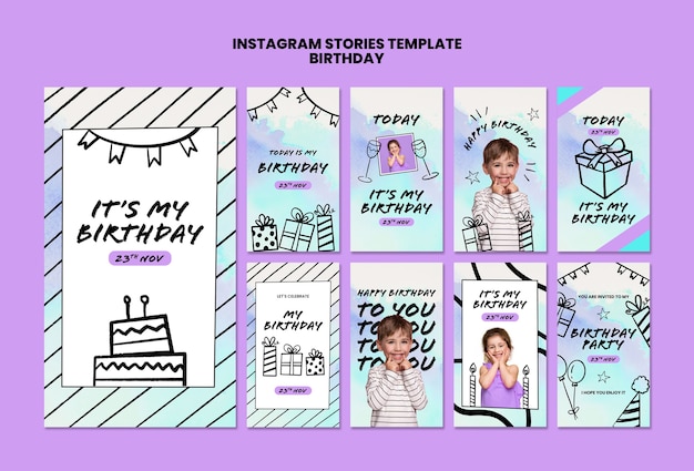 PSD gratuit collection d'histoires instagram de célébration d'anniversaire d'enfants