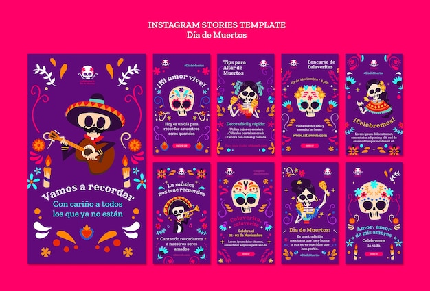 PSD gratuit collection d'histoires instagram de célébration de dia de muertos