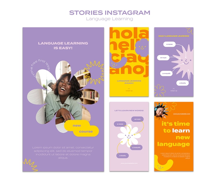 PSD gratuit collection d'histoires instagram de cours d'apprentissage des langues