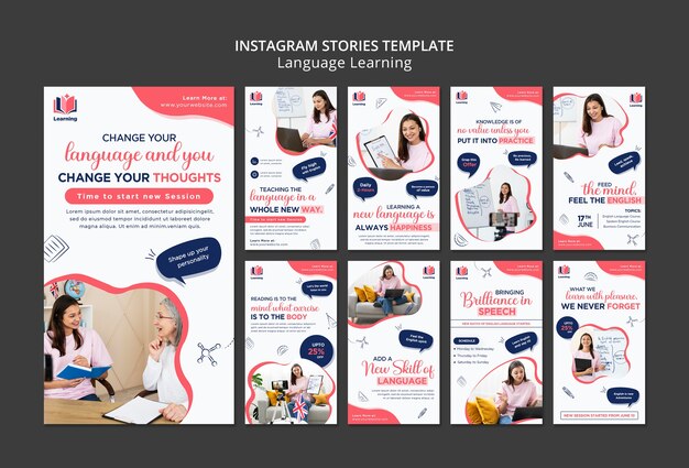 PSD gratuit collection d'histoires instagram de cours de langue avec un design abstrait