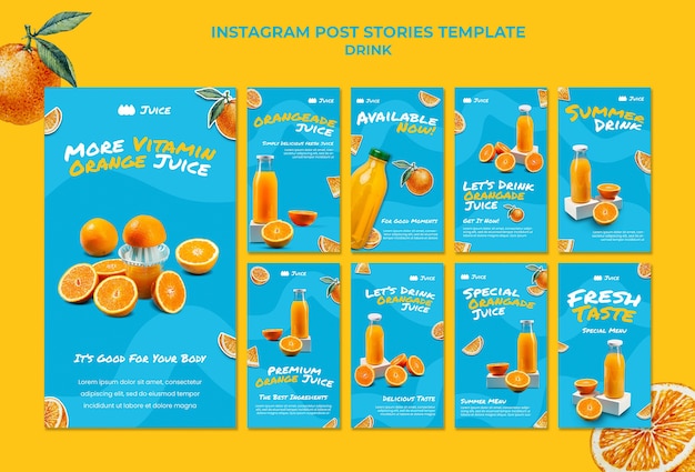 PSD gratuit collection d'histoires instagram de jus d'orange savoureux