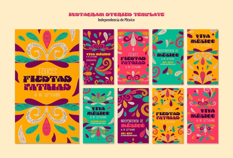 PSD gratuit collection d'histoires instagram pour la célébration de l'indépendance du mexique