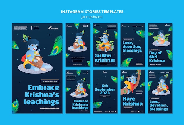 PSD gratuit collection d'histoires instagram pour la célébration de janmashtami