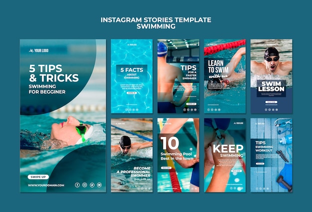 PSD gratuit collection d'histoires instagram pour les cours de natation