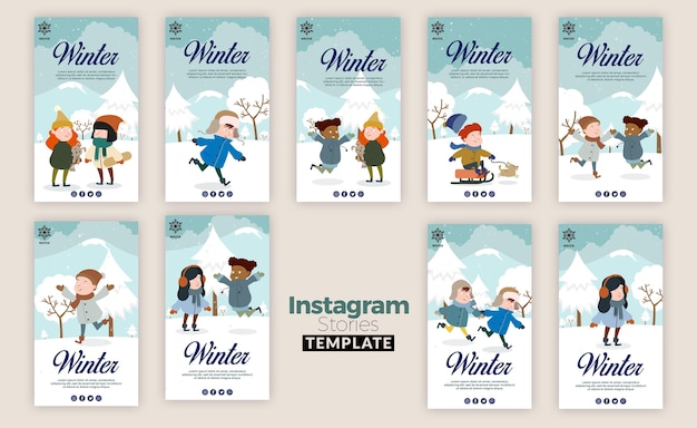 PSD gratuit collection d'histoires instagram pour l'hiver avec les enfants