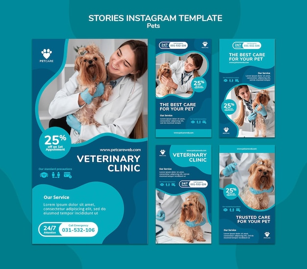 PSD gratuit collection d'histoires instagram pour les soins des animaux avec une vétérinaire et une chienne yorkshire terrier