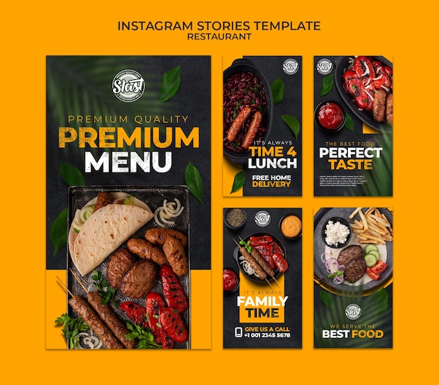 PSD gratuit collection d'histoires instagram de restaurant avec un design de feuilles