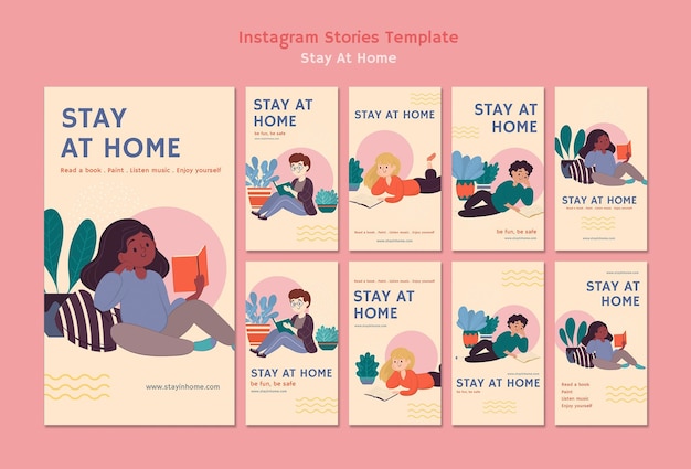 PSD gratuit collection d'histoires instagram avec rester à la maison pendant la pandémie